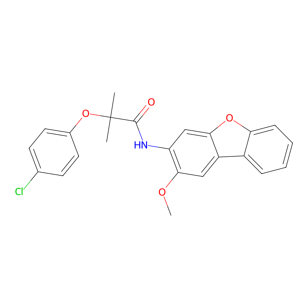2-(4-chlorophenoxy)-N-(2-methoxydibenzofuran-3-yl)-2-methylpropanamide molecular structure, CAS 429626-36-8