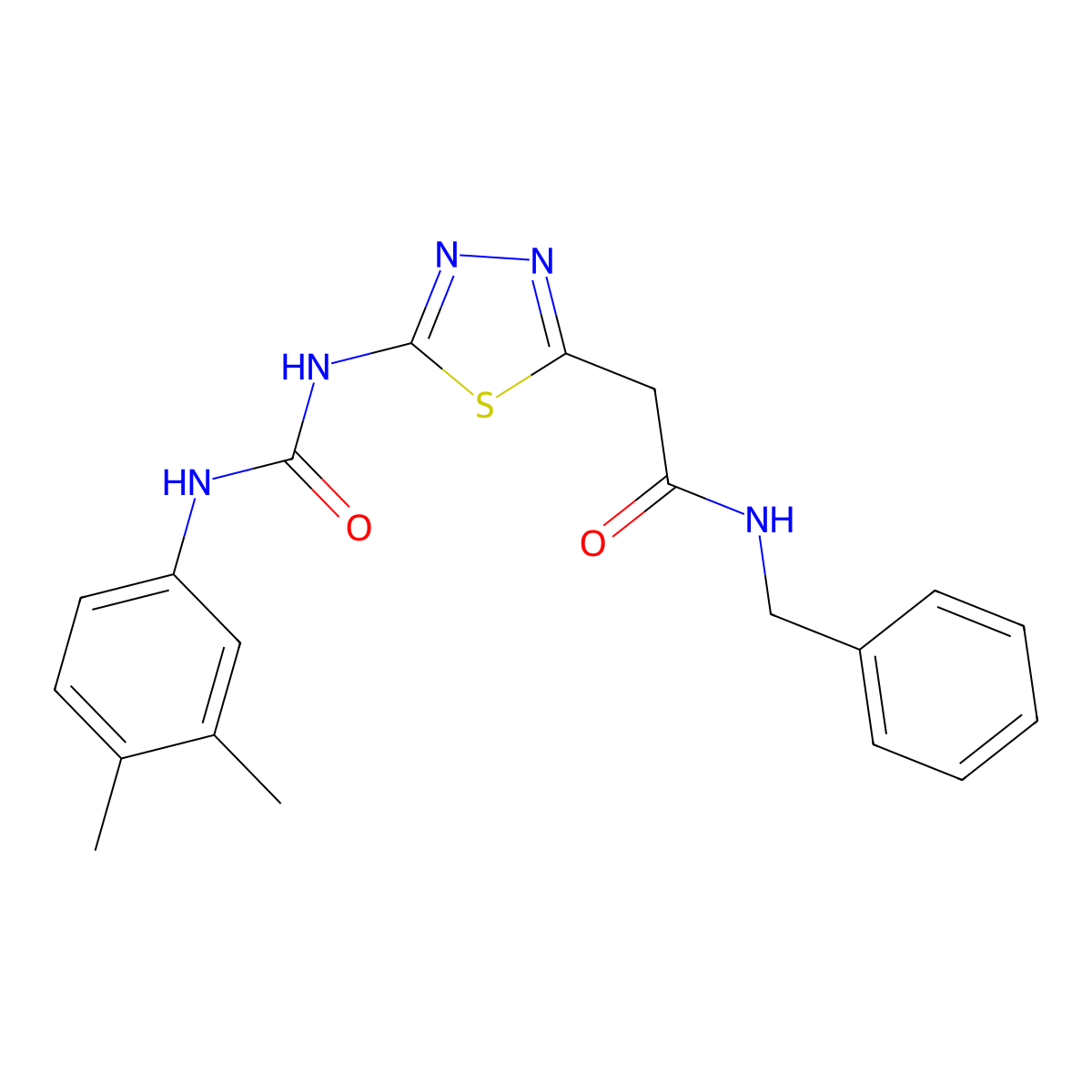 N-benzyl-2-[5-[(3,4-dimethylphenyl)carbamoylamino]-1,3,4-thiadiazol-2-yl]acetamide molecular structure, CAS 429626-69-7