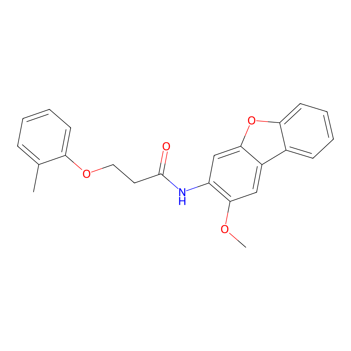 N-(2-methoxydibenzofuran-3-yl)-3-(2-methylphenoxy)propanamide molecular structure, CAS 429632-42-8