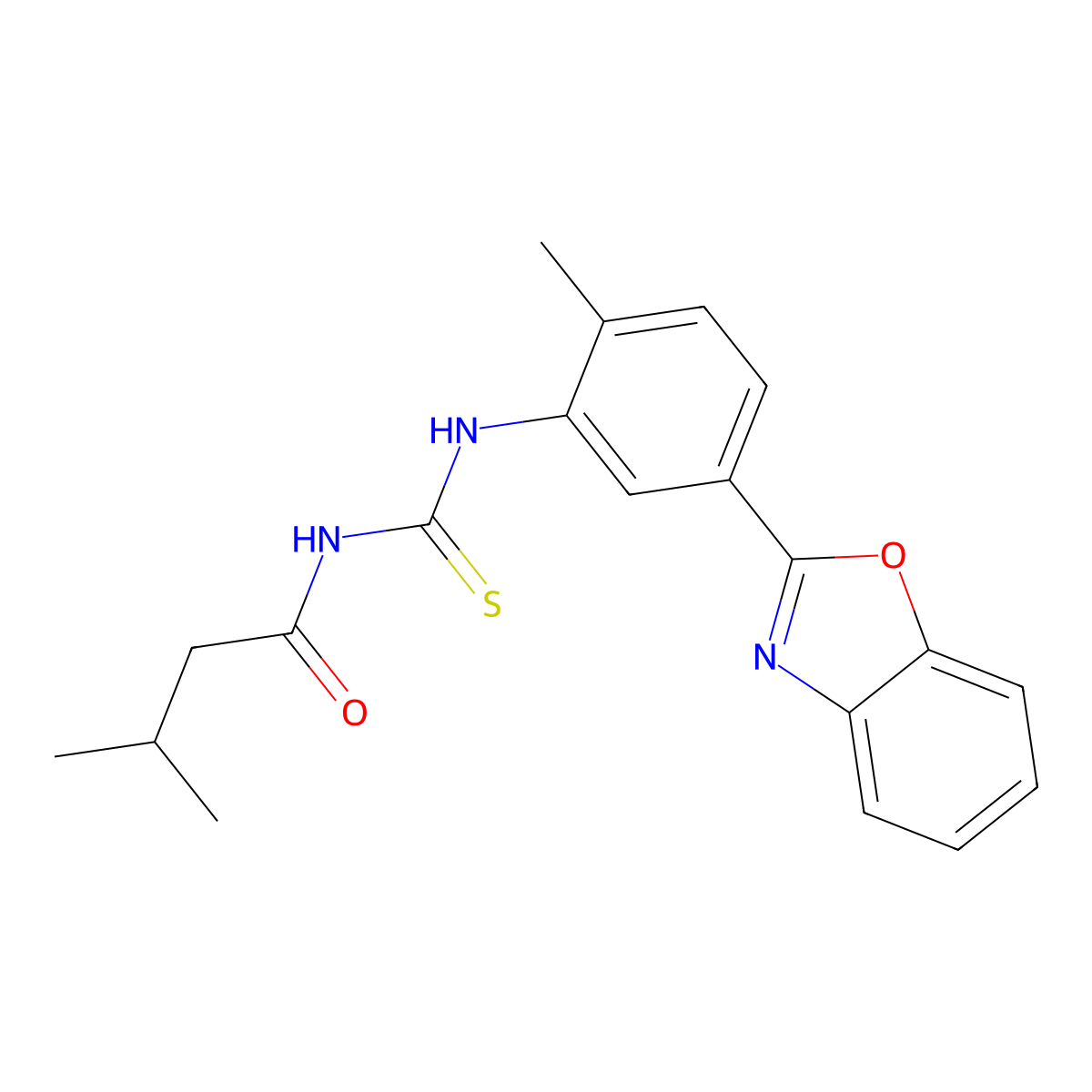 N-[[5-(1,3-benzoxazol-2-yl)-2-methylphenyl]carbamothioyl]-3-methylbutanamide molecular structure, CAS 429641-28-1