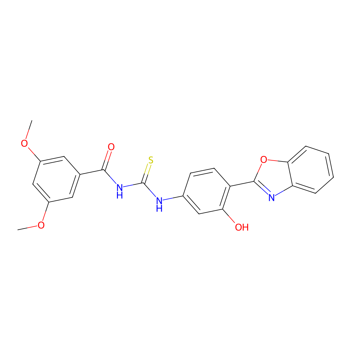N-((4-(benzo[d]oxazol-2-yl)-3-hydroxyphenyl)carbamothioyl)-3,5-dimethoxybenzamide molecular structure, CAS 429648-85-1