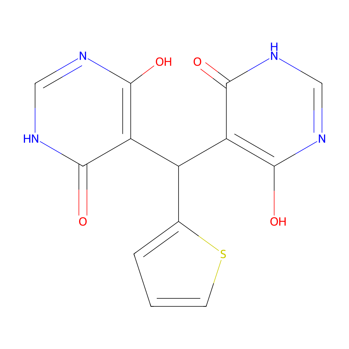 4-hydroxy-5-[(4-hydroxy-6-oxo-1H-pyrimidin-5-yl)-thiophen-2-ylmethyl]-1H-pyrimidin-6-one molecular structure, CAS 429650-43-1