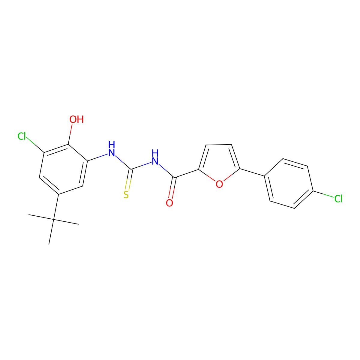 N-[(5-tert-butyl-3-chloro-2-hydroxyphenyl)carbamothioyl]-5-(4-chlorophenyl)furan-2-carboxamide molecular structure, CAS 429651-04-7