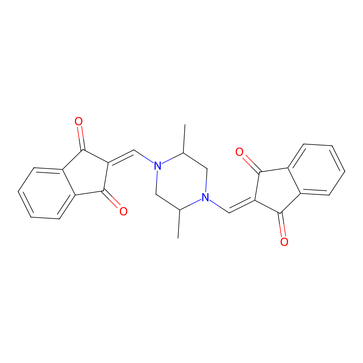 2-((4-((1,3-Dioxoindan-2-ylidene)methyl)-2,5-dimethylpiperazinyl)methylene)indane-1,3-dione molecular structure, CAS 42986-03-8