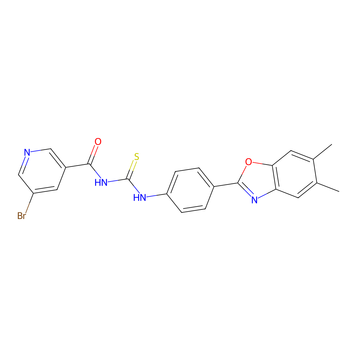 5-bromo-N-[[4-(5,6-dimethyl-1,3-benzoxazol-2-yl)phenyl]carbamothioyl]pyridine-3-carboxamide molecular structure, CAS 430441-91-1