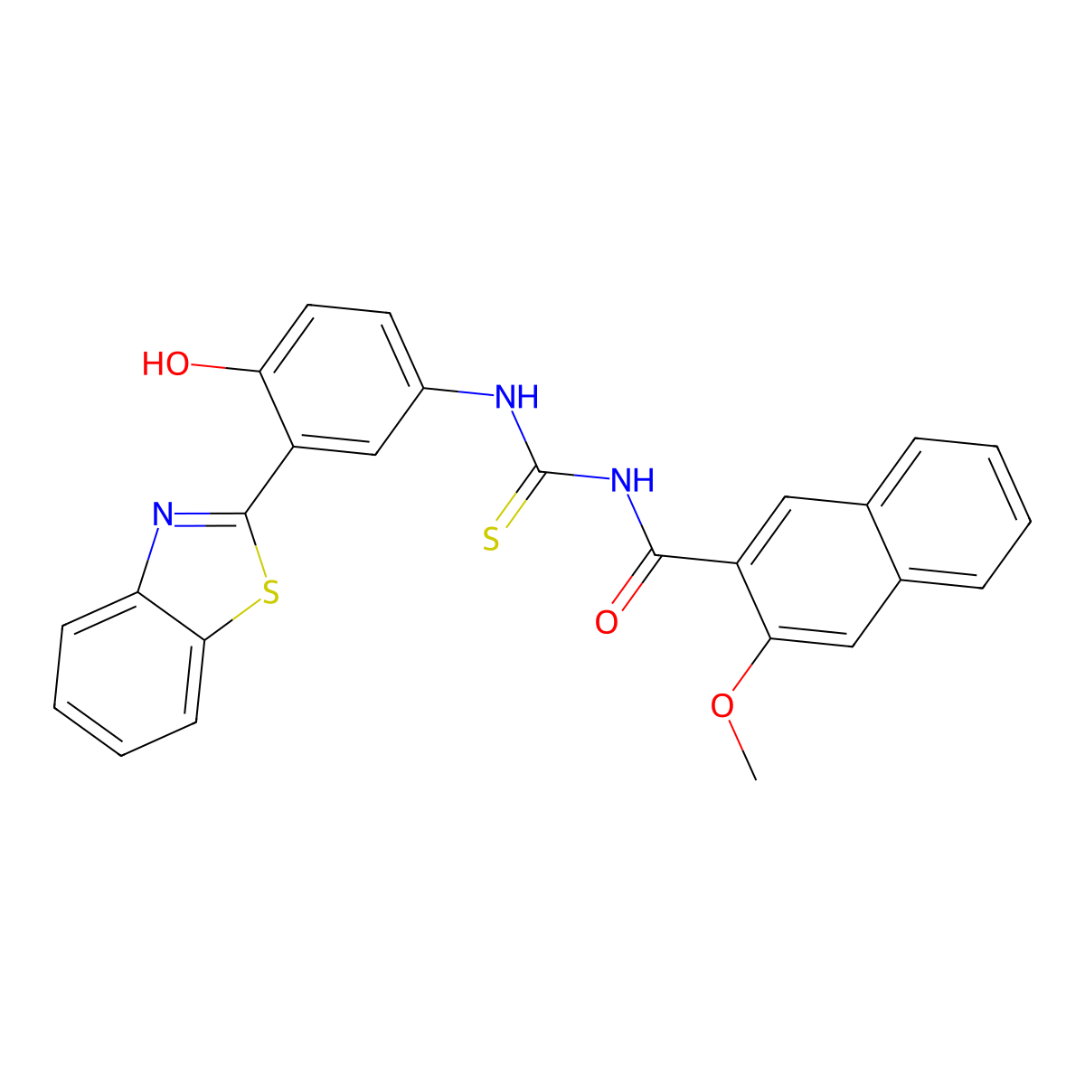 N-((3-(benzo[d]thiazol-2-yl)-4-hydroxyphenyl)carbamothioyl)-3-methoxy-2-naphthamide molecular structure, CAS 430446-31-4