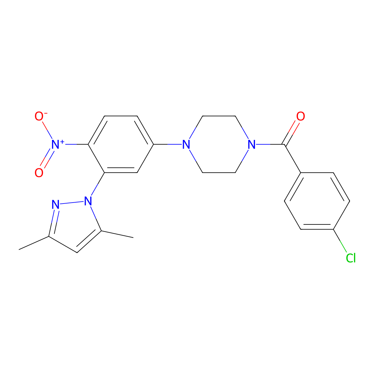 (4-Chlorophenyl)-[4-[3-(3,5-dimethylpyrazol-1-yl)-4-nitrophenyl]piperazin-1-yl]methanone molecular structure, CAS 430448-76-3