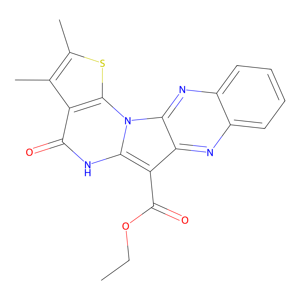 Ethyl 2,3-dimethyl-4-oxo-4,5-dihydrothieno[3'',2'':5',6']pyrimido[1',2':1,5]pyrrolo[2,3-b]quinoxaline-6-carboxylate molecular structure, CAS 430450-97-8