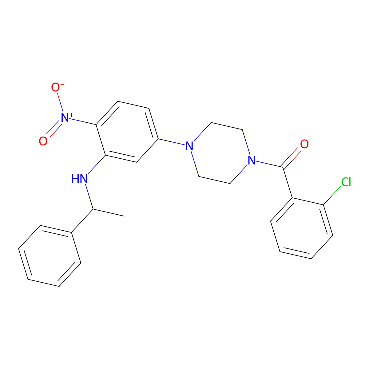 (2-Chlorophenyl)-[4-[4-nitro-3-(1-phenylethylamino)phenyl]piperazin-1-yl]methanone molecular structure, CAS 430451-09-5