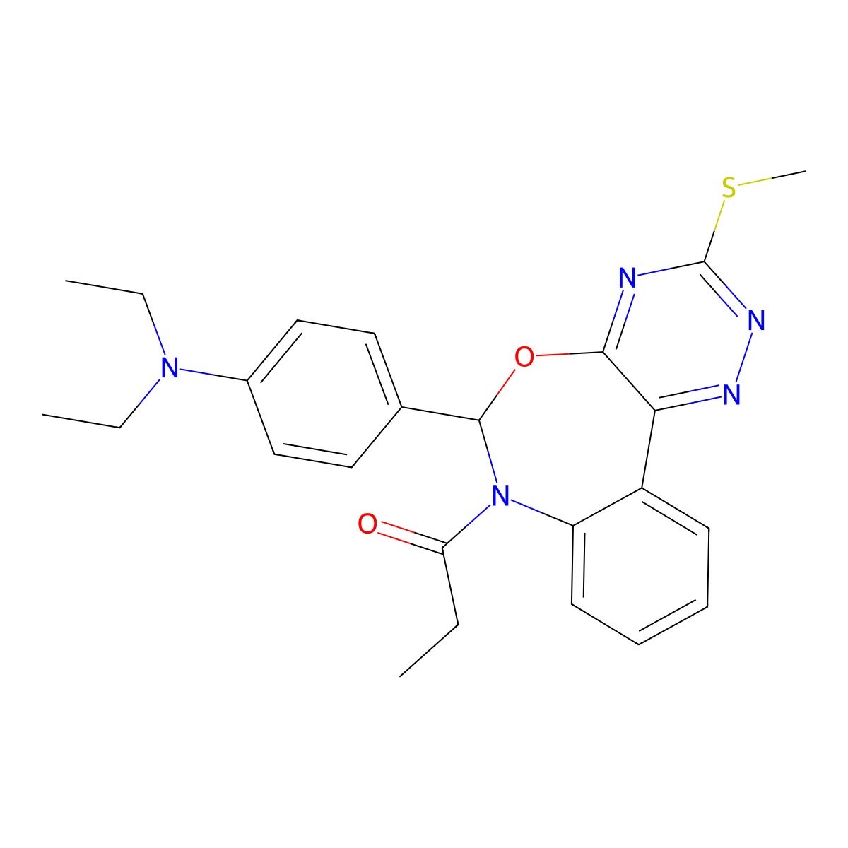 1-[6-[4-(diethylamino)phenyl]-3-methylsulfanyl-6H-[1,2,4]triazino[5,6-d][3,1]benzoxazepin-7-yl]propan-1-one molecular structure, CAS 430451-35-7