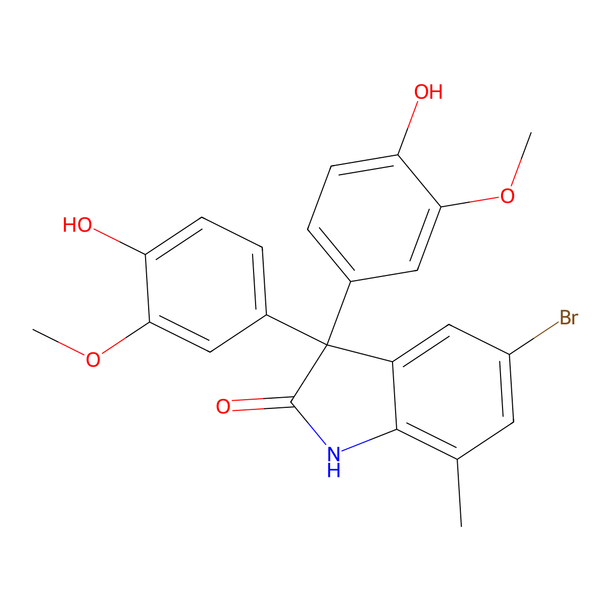 5-bromo-3,3-bis(4-hydroxy-3-methoxyphenyl)-7-methyl-1,3-dihydro-2H-indol-2-one molecular structure, CAS 430453-08-0