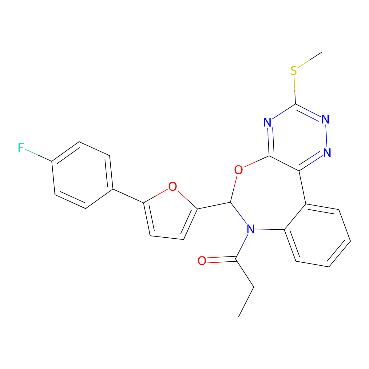 1-[6-[5-(4-fluorophenyl)furan-2-yl]-3-methylsulfanyl-6H-[1,2,4]triazino[5,6-d][3,1]benzoxazepin-7-yl]propan-1-one molecular structure, CAS 430453-91-1