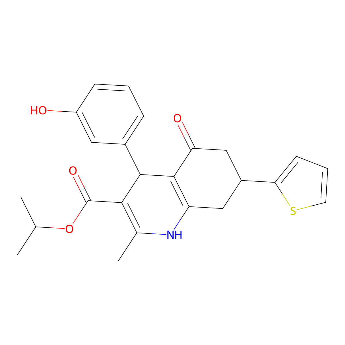 Propan-2-yl 4-(3-hydroxyphenyl)-2-methyl-5-oxo-7-(thiophen-2-yl)-1,4,5,6,7,8-hexahydroquinoline-3-carboxylate molecular structure, CAS 430454-10-7