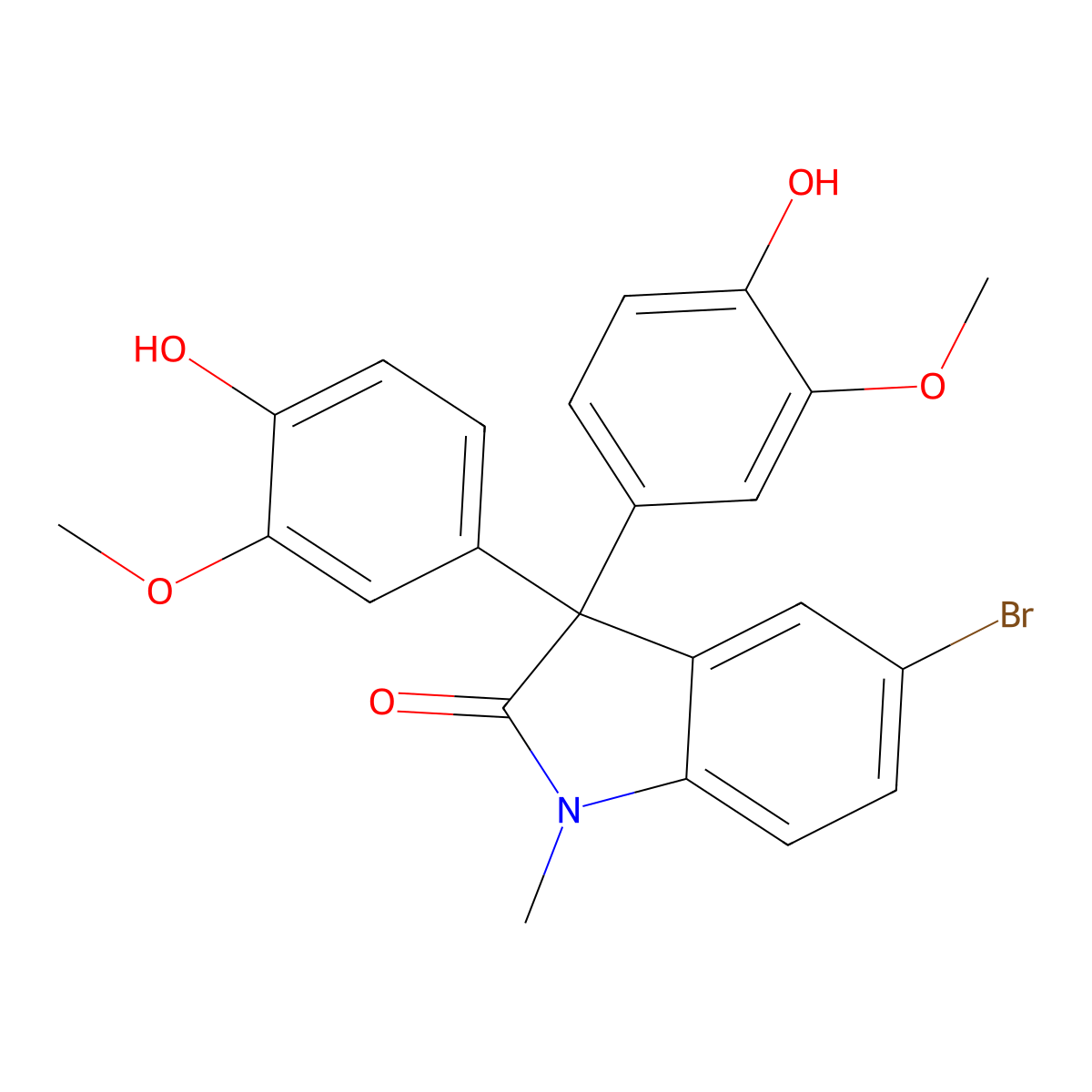 5-bromo-3,3-bis(4-hydroxy-3-methoxyphenyl)-1-methyl-1,3-dihydro-2H-indol-2-one molecular structure, CAS 430454-36-7