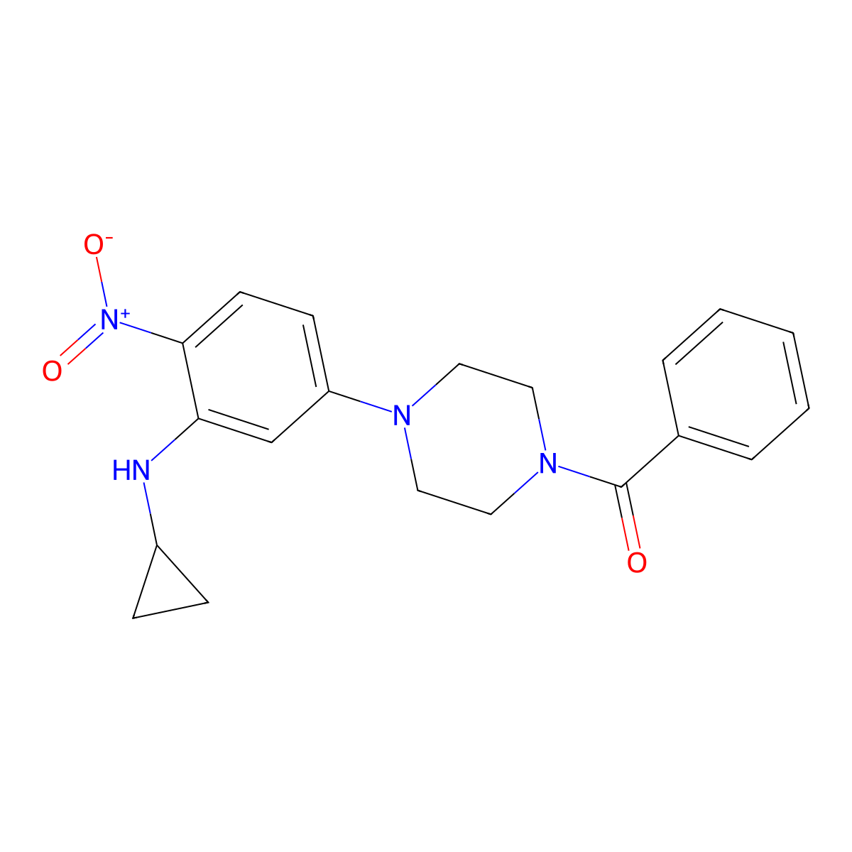 [4-[3-(Cyclopropylamino)-4-nitrophenyl]piperazin-1-yl]-phenylmethanone molecular structure, CAS 430454-46-9