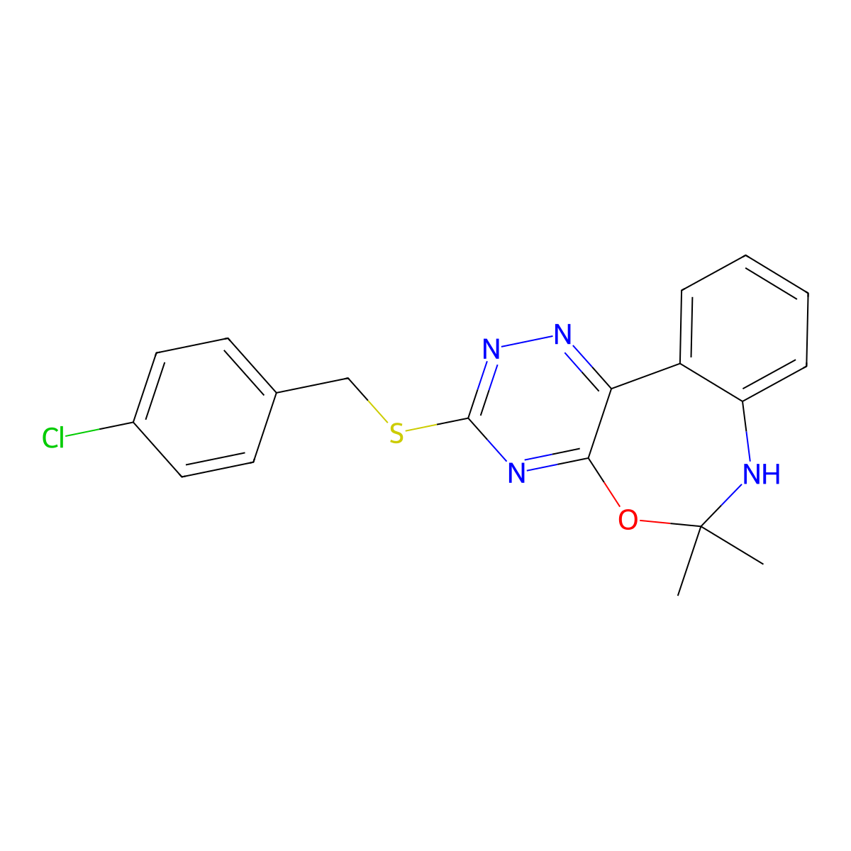 3-[(4-chlorophenyl)methylsulfanyl]-6,6-dimethyl-7H-[1,2,4]triazino[5,6-d][3,1]benzoxazepine molecular structure, CAS 430456-27-2