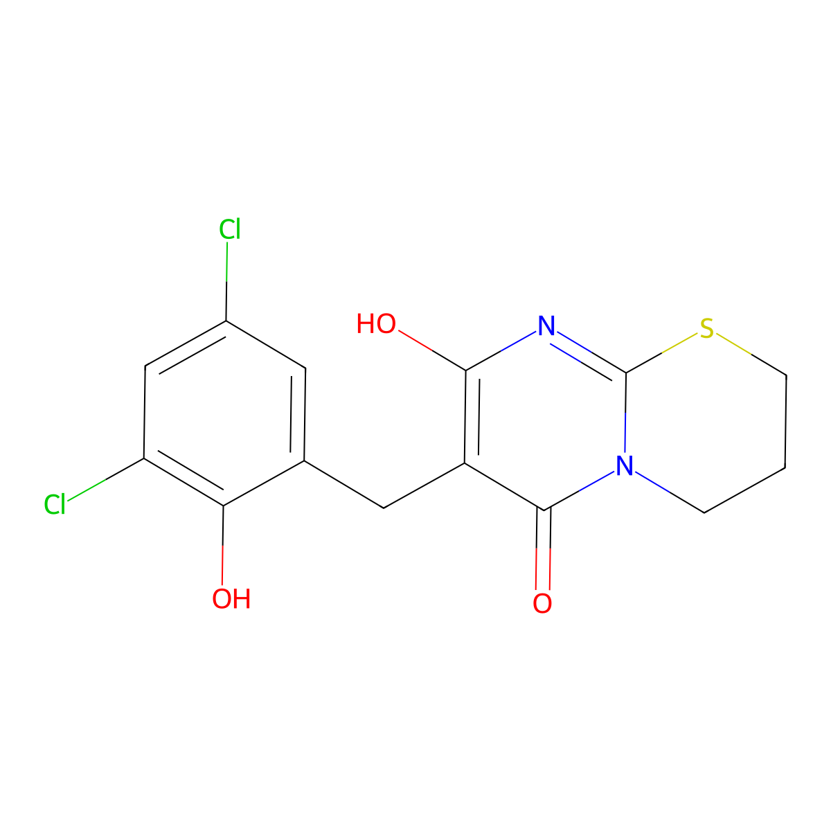 7-(3,5-dichloro-2-hydroxybenzyl)-8-hydroxy-3,4-dihydro-2H,6H-pyrimido[2,1-b][1,3]thiazin-6-one molecular structure, CAS 430457-00-4