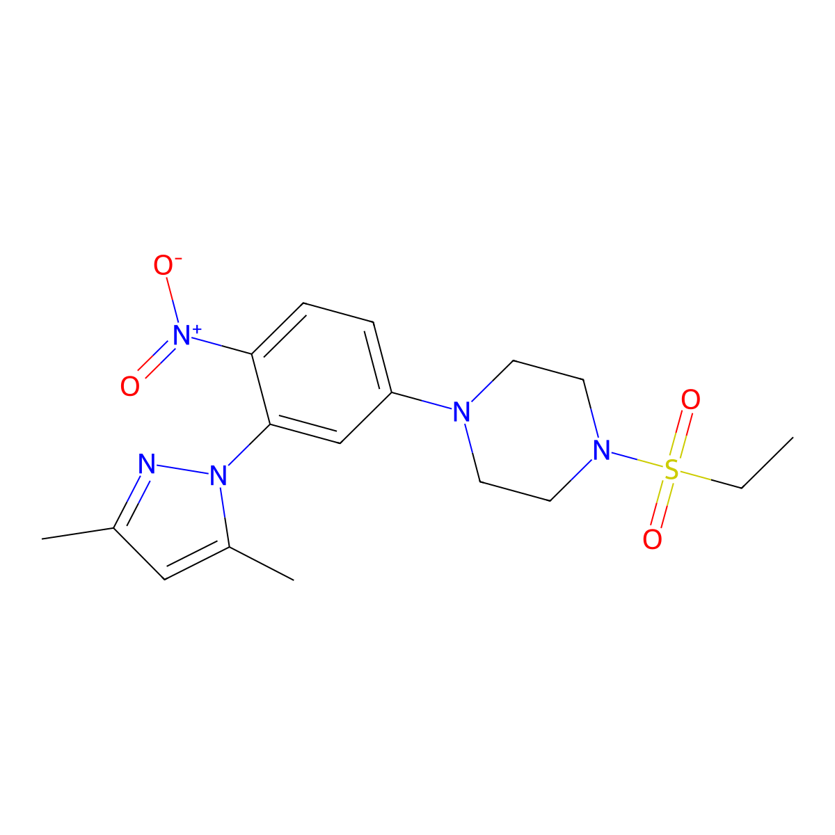1-[3-(3,5-Dimethylpyrazol-1-yl)-4-nitrophenyl]-4-ethylsulfonylpiperazine molecular structure, CAS 430458-22-3