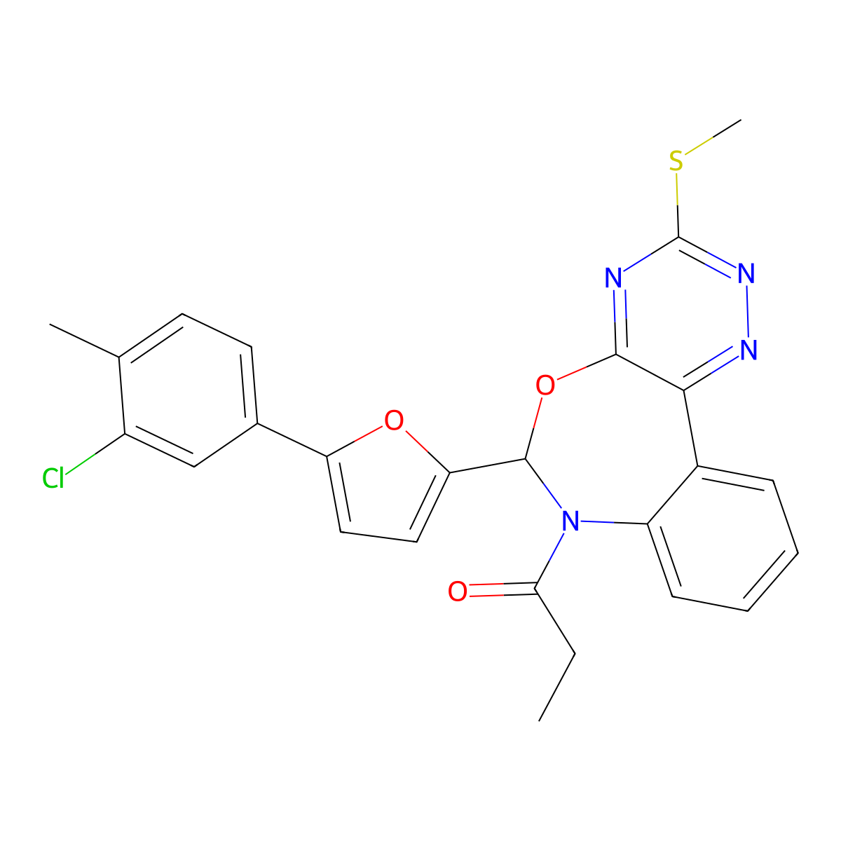 1-[6-[5-(3-chloro-4-methylphenyl)furan-2-yl]-3-methylsulfanyl-6H-[1,2,4]triazino[5,6-d][3,1]benzoxazepin-7-yl]propan-1-one molecular structure, CAS 430460-01-8