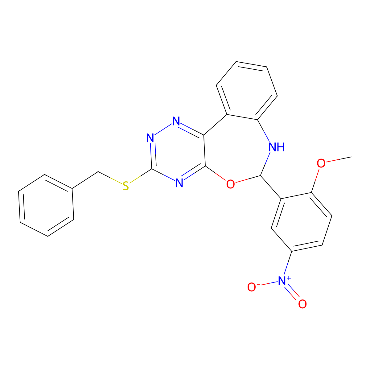 3-Benzylsulfanyl-6-(2-methoxy-5-nitrophenyl)-6,7-dihydro-[1,2,4]triazino[5,6-d][3,1]benzoxazepine molecular structure, CAS 430460-39-2