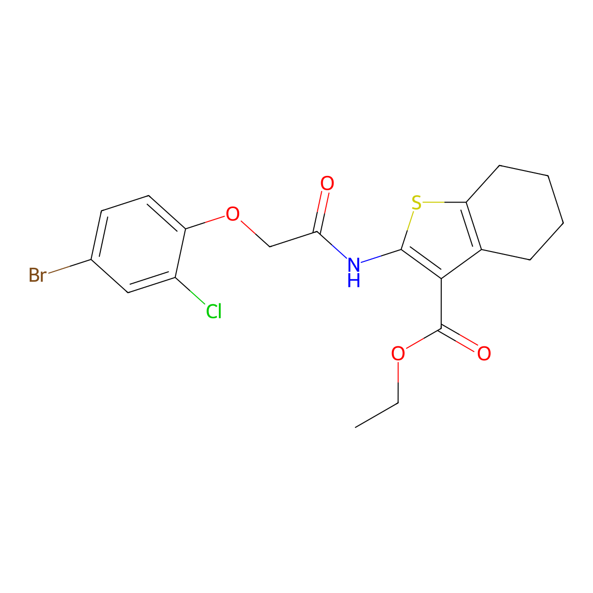 Ethyl 2-{[(4-bromo-2-chlorophenoxy)acetyl]amino}-4,5,6,7-tetrahydro-1-benzothiophene-3-carboxylate molecular structure, CAS 430464-25-8