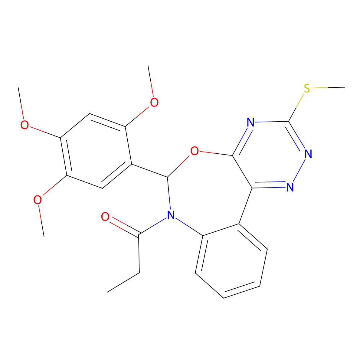 1-[3-methylsulfanyl-6-(2,4,5-trimethoxyphenyl)-6H-[1,2,4]triazino[5,6-d][3,1]benzoxazepin-7-yl]propan-1-one molecular structure, CAS 430465-45-5