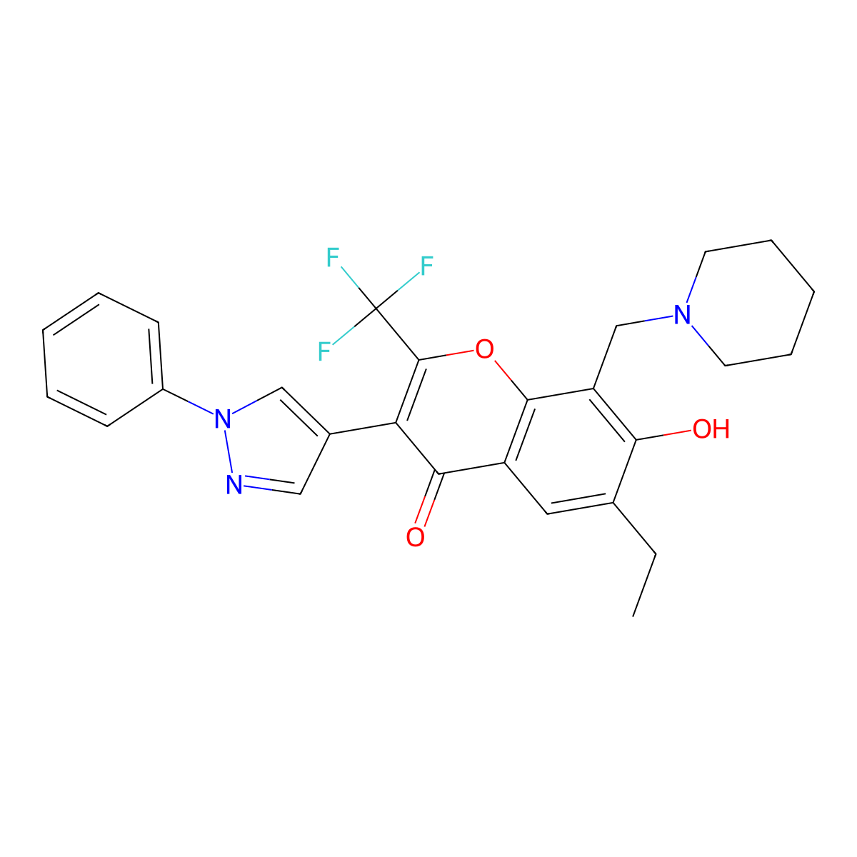 6-ethyl-7-hydroxy-3-(1-phenyl-1H-pyrazol-4-yl)-8-(1-piperidinylmethyl)-2-(trifluoromethyl)-4H-chromen-4-one molecular structure, CAS 430469-03-7