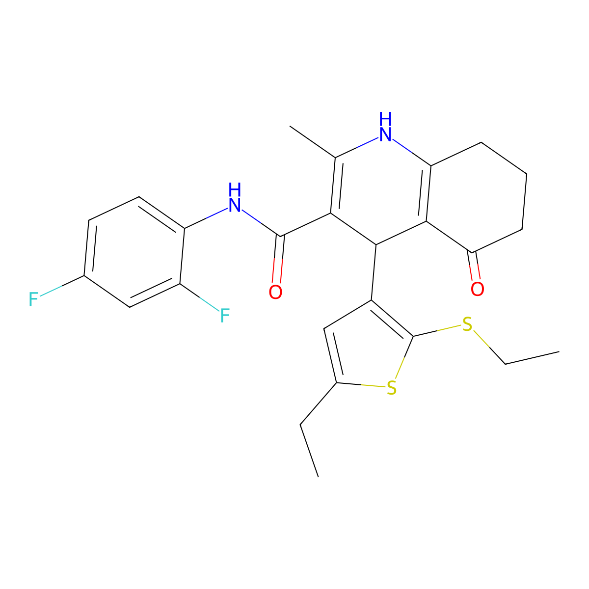 N-(2,4-Difluorophenyl)-4-(5-ethyl-2-(ethylsulfanyl)-3-thienyl)-2-methyl-5-oxo-1,4,5,6,7,8-hexahydro-3-quinolinecarboxamide molecular structure, CAS 430469-23-1