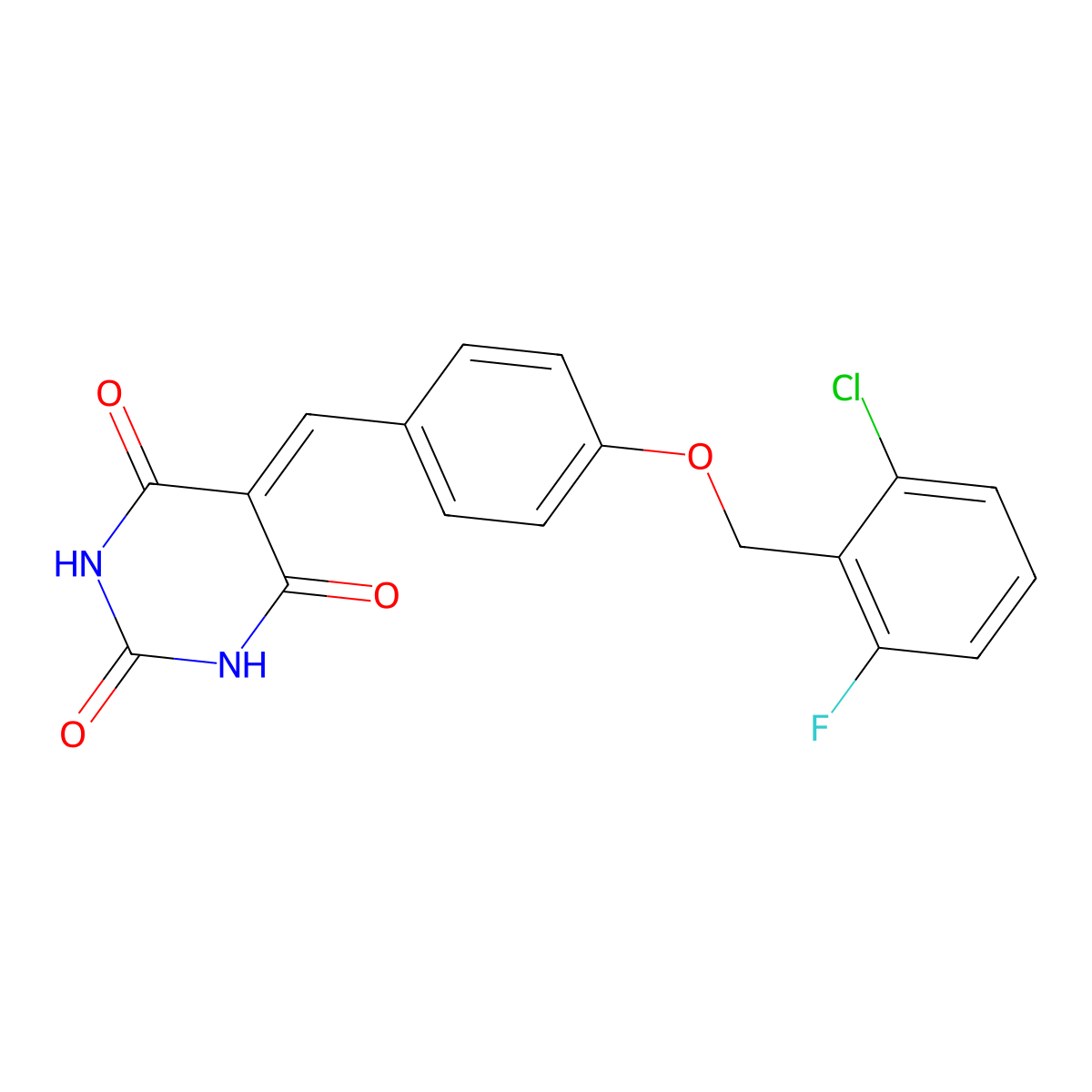5-({4-[(2-chloro-6-fluorobenzyl)oxy]phenyl}methylene)-2,4,6(1H,3H,5H)-pyrimidinetrione molecular structure, CAS 430469-95-7
