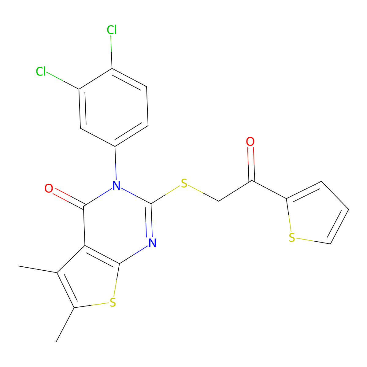3-(3,4-Dichlorophenyl)-5,6-dimethyl-2-(2-oxo-2-thiophen-2-ylethyl)sulfanylthieno[2,3-d]pyrimidin-4-one molecular structure, CAS 430470-31-8