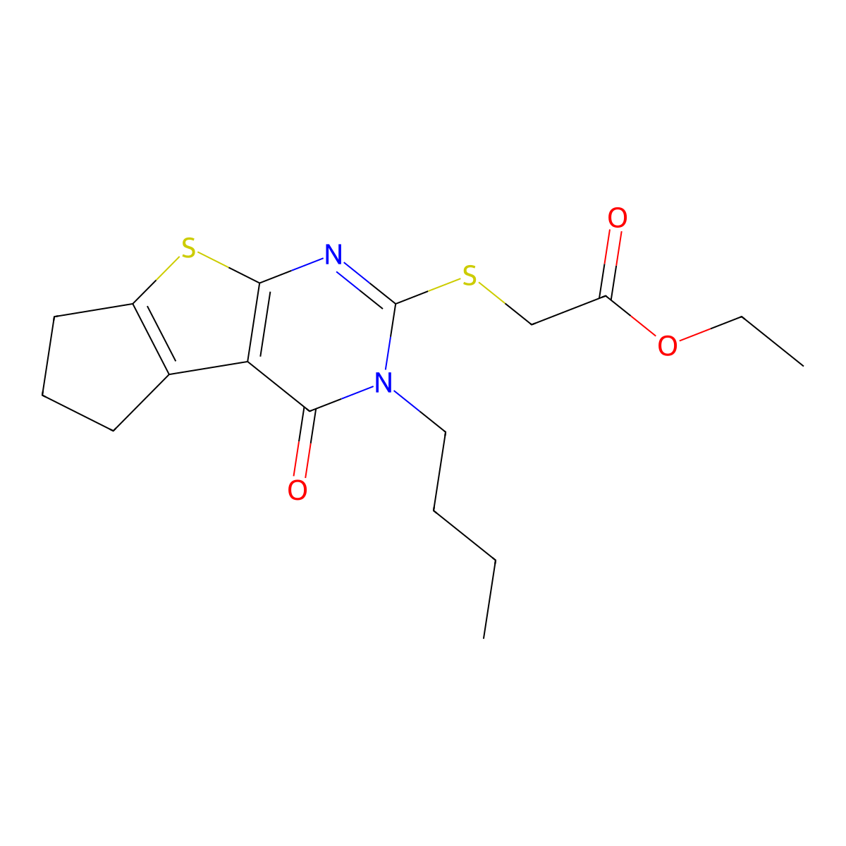 ethyl [(3-butyl-4-oxo-3,5,6,7-tetrahydro-4H-cyclopenta[4,5]thieno[2,3-d]pyrimidin-2-yl)sulfanyl]acetate molecular structure, CAS 430472-14-3