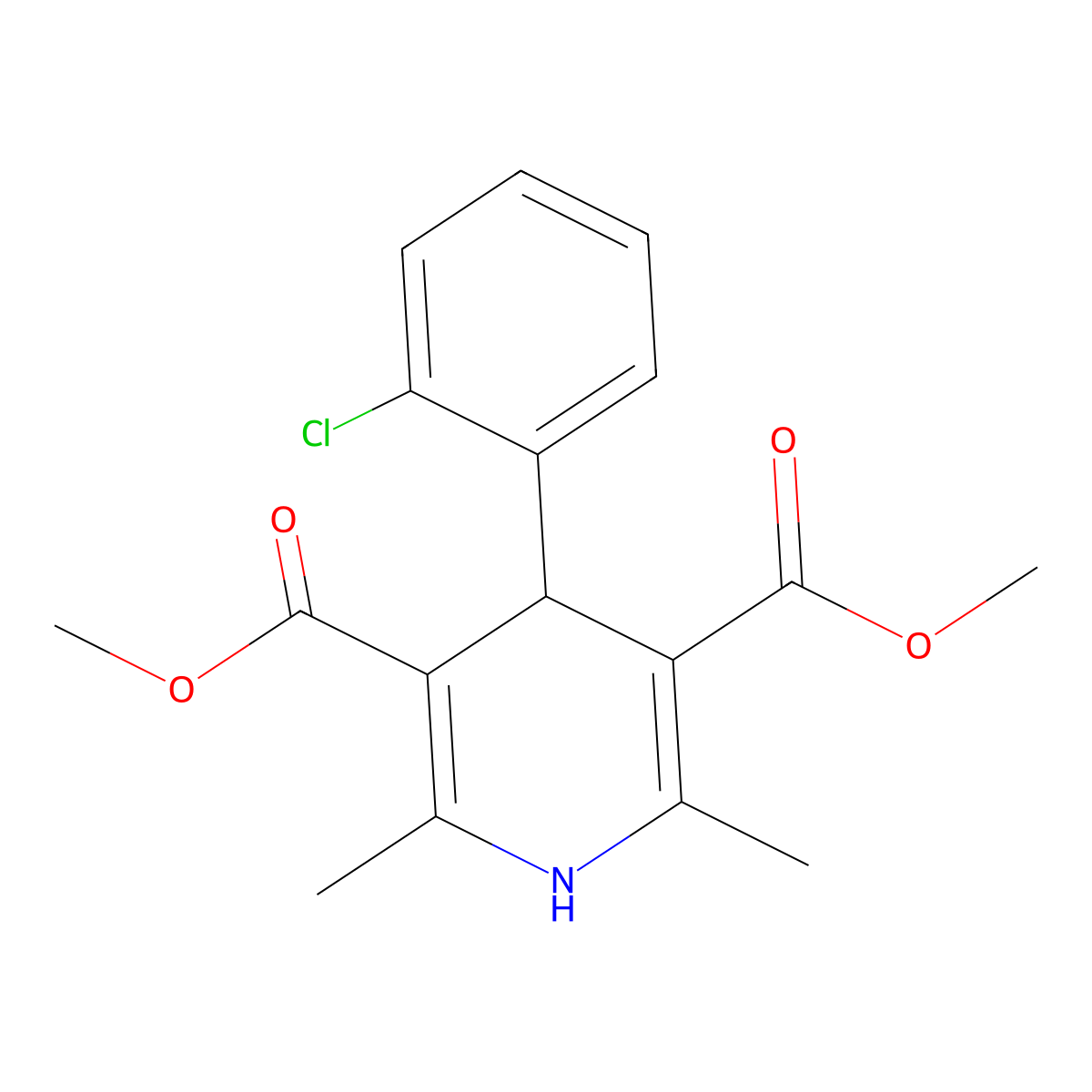 Dimethyl 4-(2-chlorophenyl)-2,6-dimethyl-1,4-dihydropyridine-3,5-dicarboxylate molecular structure, CAS 43067-01-2