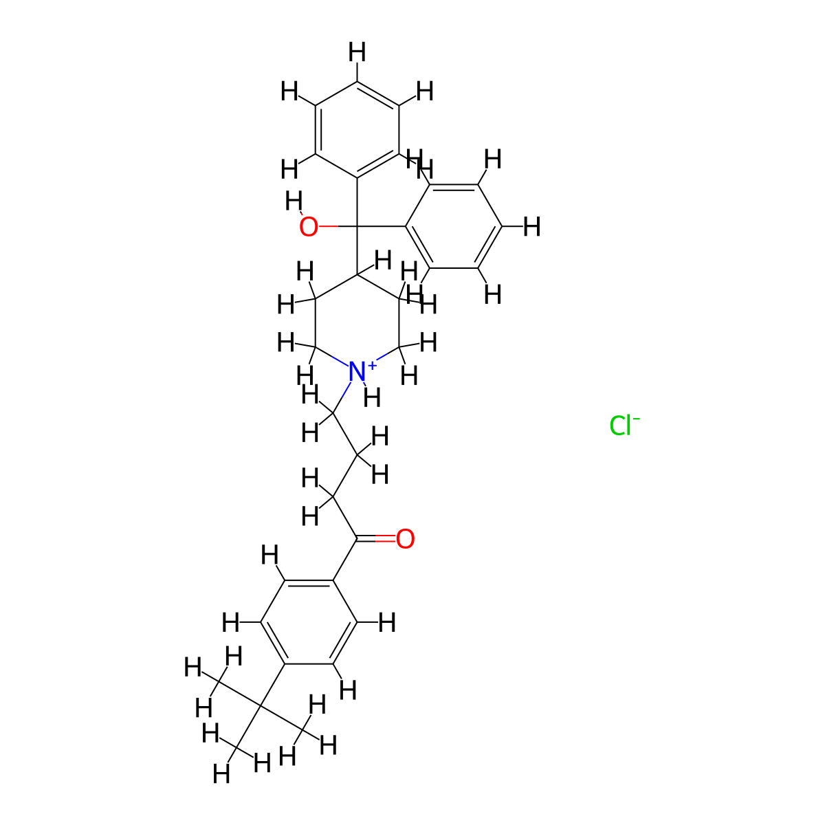 1-Butanone, 1-(4-(1,1-dimethylethyl)phenyl)-4-(4-(hydroxydiphenylmethyl)-1-piperidinyl)-, hydrochloride (1:1) molecular structure, CAS 43076-44-4