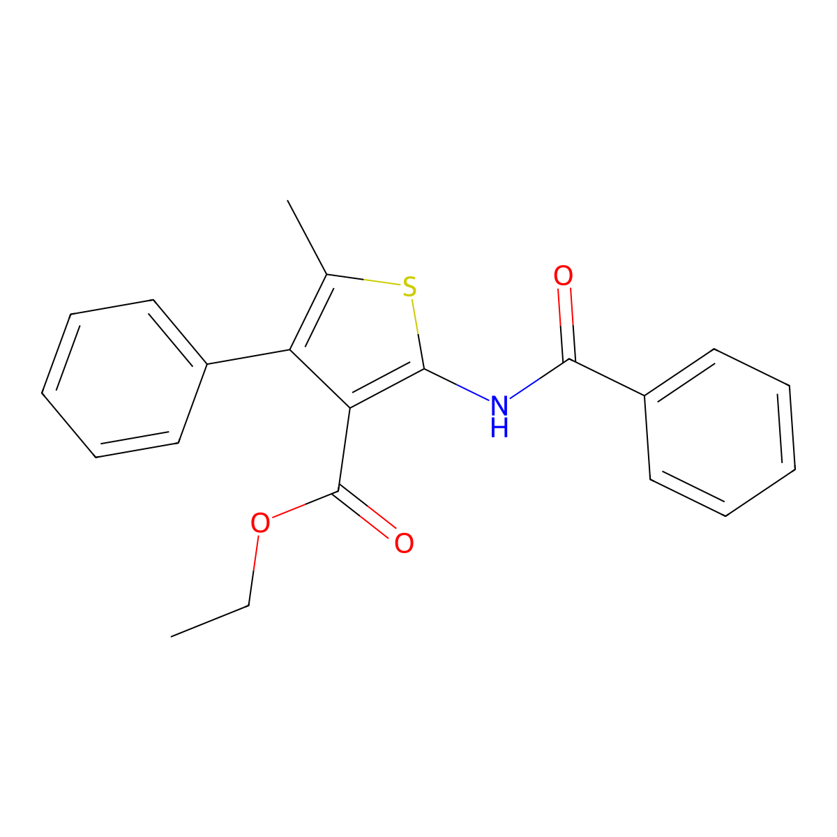 Ethyl 2-benzamido-5-methyl-4-phenylthiophene-3-carboxylate molecular structure, CAS 43088-50-2