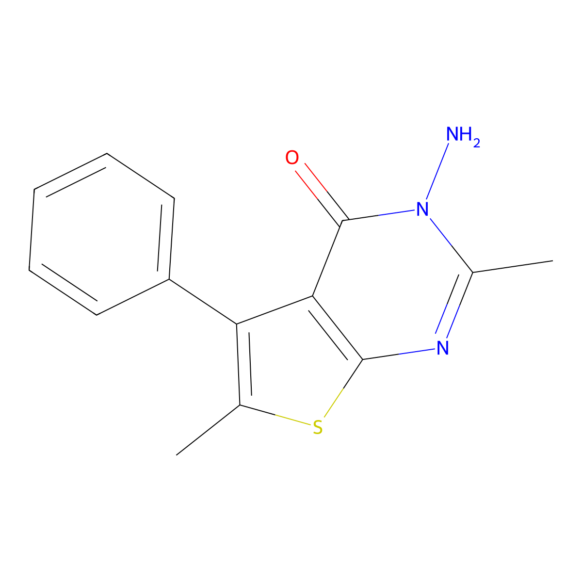 3-amino-2,6-dimethyl-5-phenylthieno[2,3-d]pyrimidin-4(3H)-one molecular structure, CAS 43088-53-5