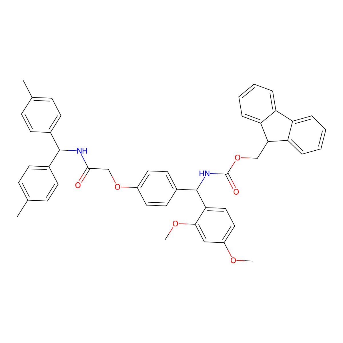 Carbamic acid, ((4-(2-((bis(4-methylphenyl)methyl)amino)-2-oxoethoxy)phenyl)(2,4-dimethoxyphenyl)methyl)-, 9H-fluoren-9-ylmethyl ester molecular structure, CAS 431041-83-7