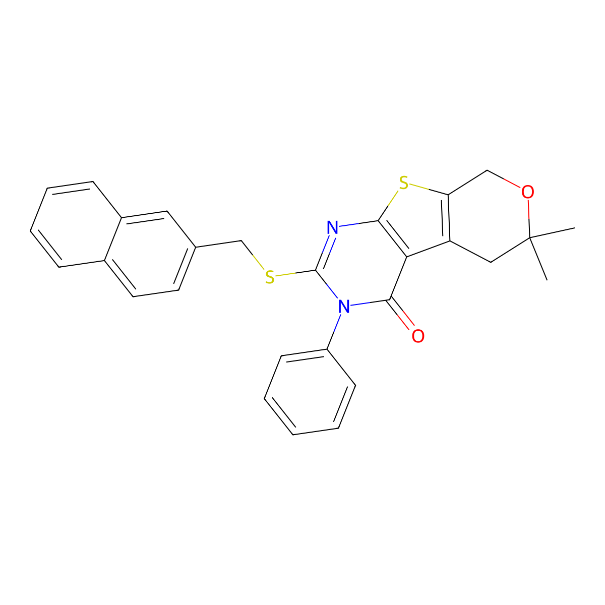 6,6-Dimethyl-2-(naphthalen-2-ylmethylsulfanyl)-3-phenyl-5,8-dihydropyrano[2,3]thieno[2,4-b]pyrimidin-4-one molecular structure, CAS 431066-60-3