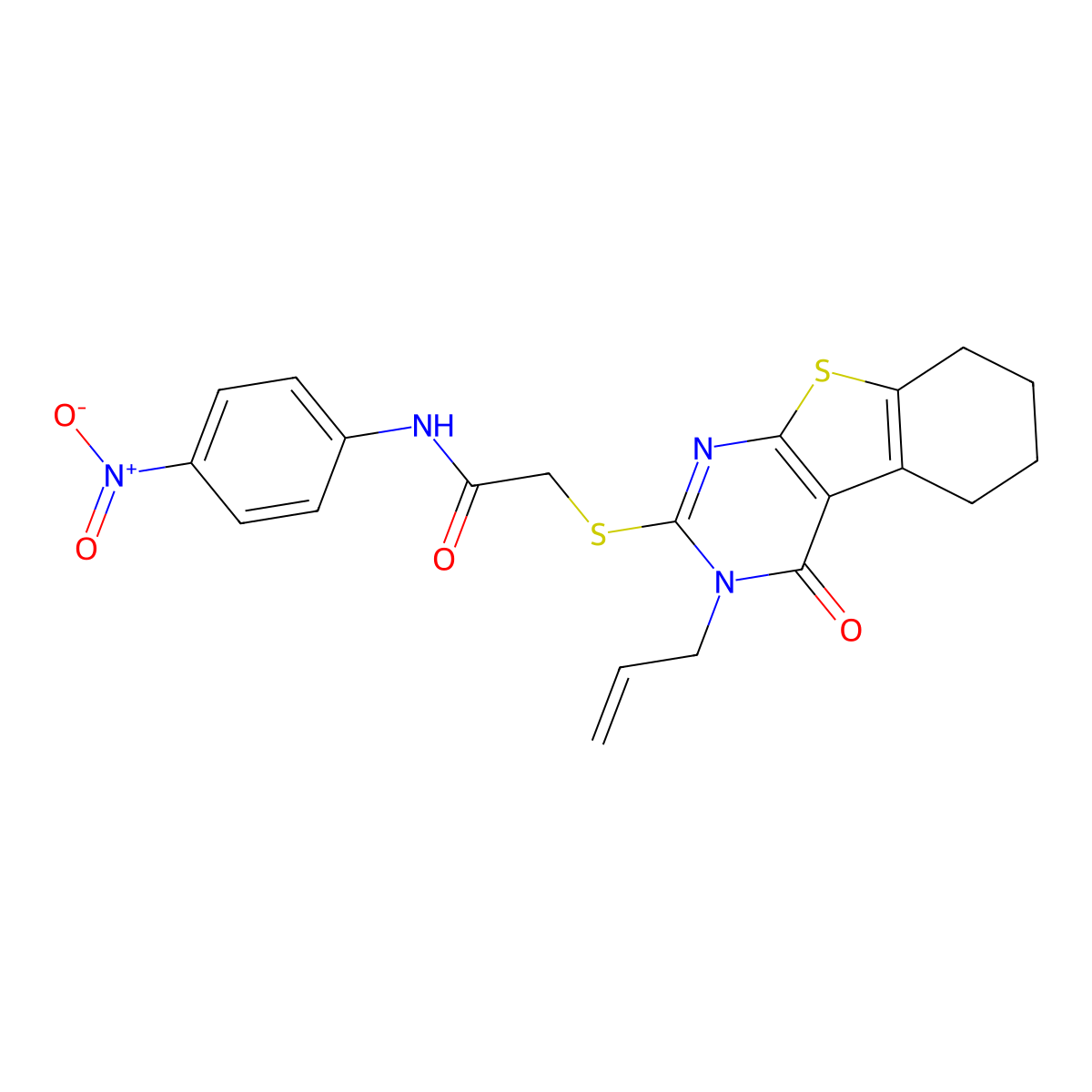 N-(4-nitrophenyl)-2-[(4-oxo-3-prop-2-enyl-5,6,7,8-tetrahydro-[1]benzothiolo[2,3-d]pyrimidin-2-yl)sulfanyl]acetamide molecular structure, CAS 431066-92-1