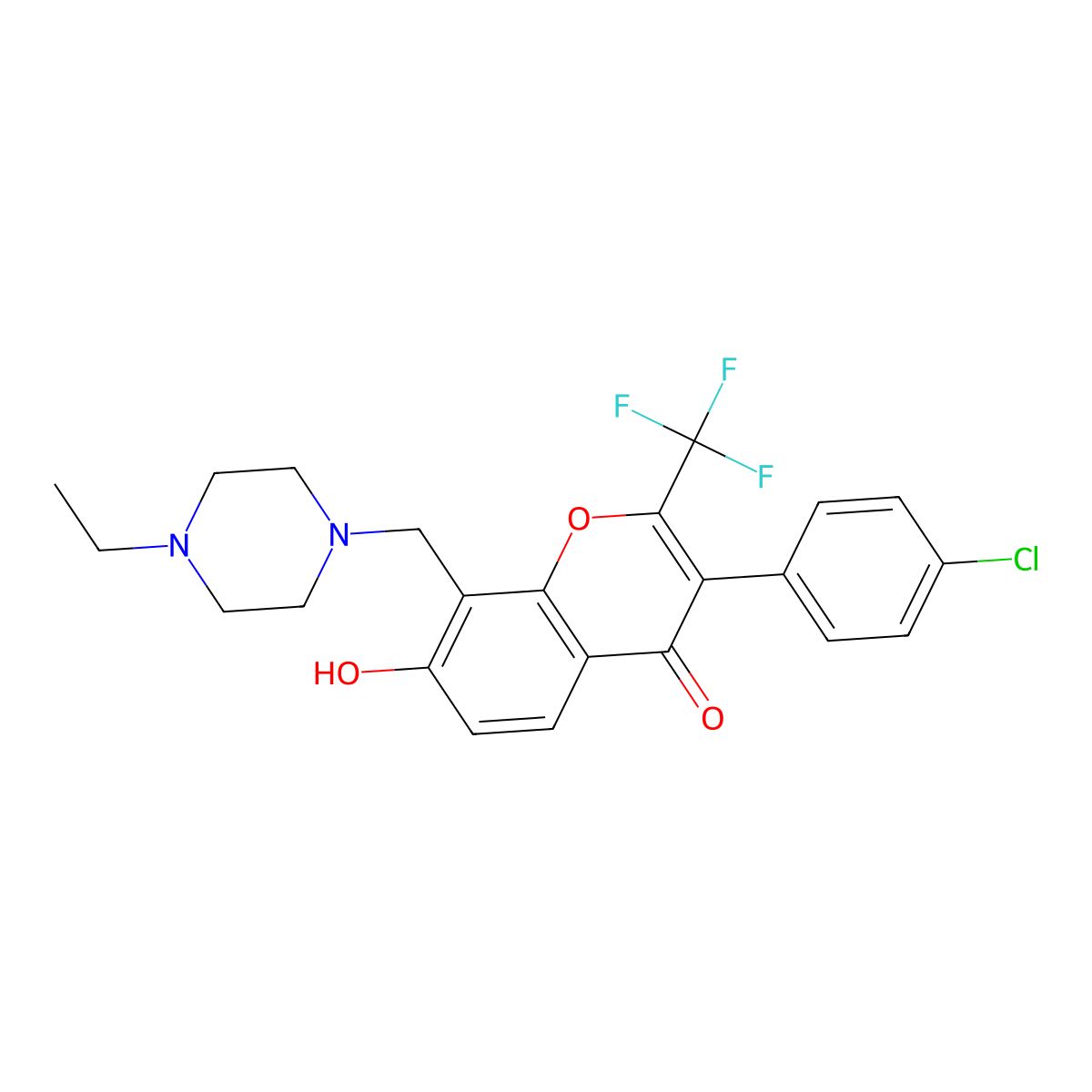 3-(4-chlorophenyl)-8-[(4-ethylpiperazin-1-yl)methyl]-7-hydroxy-2-(trifluoromethyl)-4H-chromen-4-one molecular structure, CAS 431067-09-3