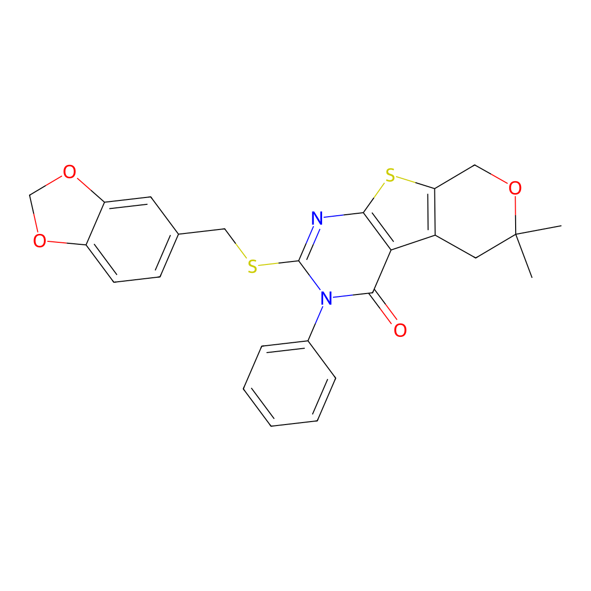 2-[(1,3-benzodioxol-5-ylmethyl)sulfanyl]-6,6-dimethyl-3-phenyl-3,5,6,8-tetrahydro-4H-pyrano[4',3':4,5]thieno[2,3-d]pyrimidin-4-one molecular structure, CAS 431067-52-6