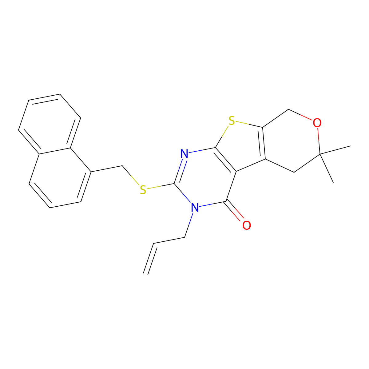 3-allyl-6,6-dimethyl-2-[(1-naphthylmethyl)sulfanyl]-3,5,6,8-tetrahydro-4H-pyrano[4',3':4,5]thieno[2,3-d]pyrimidin-4-one molecular structure, CAS 431067-78-6