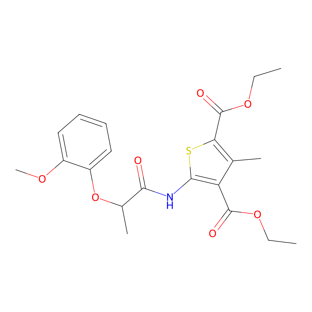 Diethyl 5-{[2-(2-methoxyphenoxy)propanoyl]amino}-3-methylthiophene-2,4-dicarboxylate molecular structure, CAS 431068-22-3