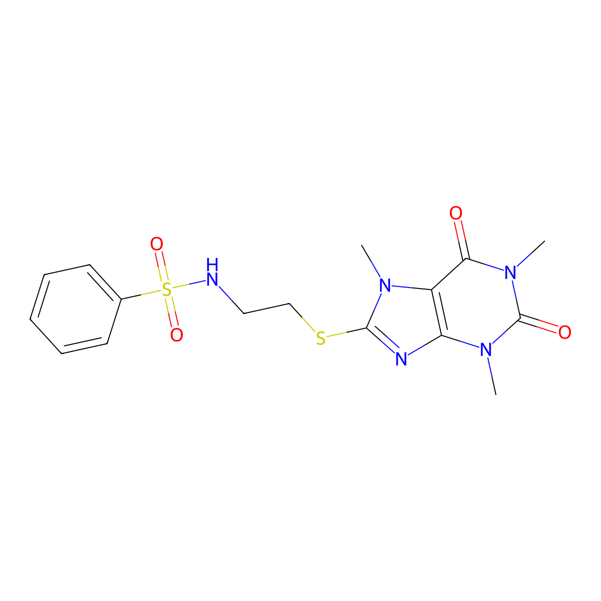 N-{2-[(1,3,7-trimethyl-2,6-dioxo-2,3,6,7-tetrahydro-1H-purin-8-yl)sulfanyl]ethyl}benzenesulfonamide molecular structure, CAS 431068-59-6