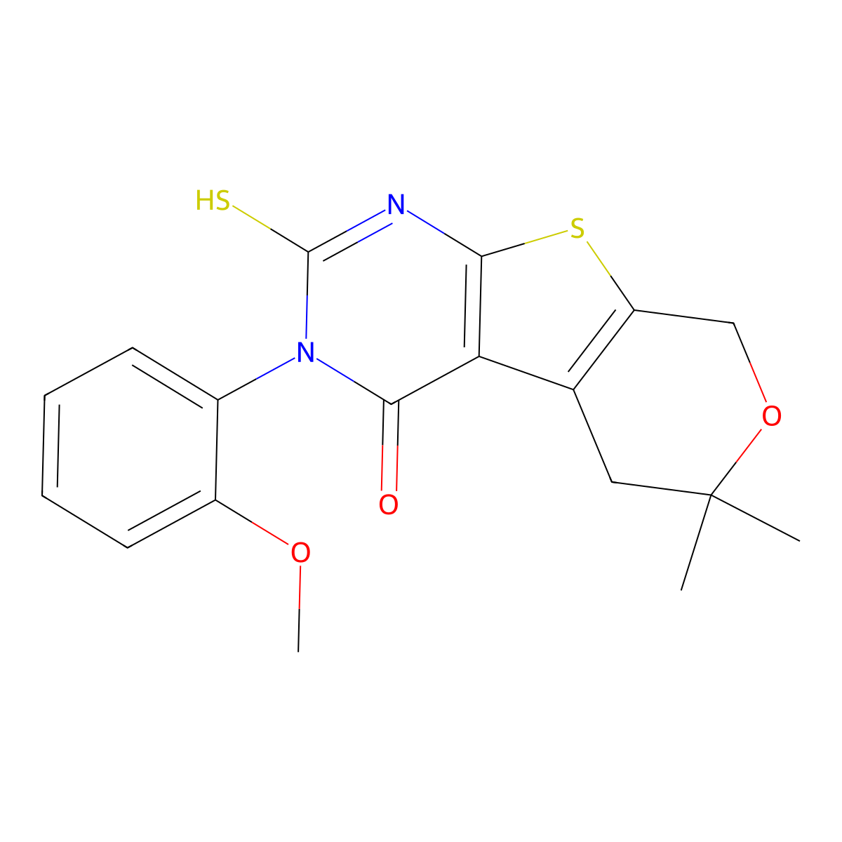 3-(2-methoxyphenyl)-6,6-dimethyl-2-sulfanyl-3,5,6,8-tetrahydro-4H-pyrano[4',3':4,5]thieno[2,3-d]pyrimidin-4-one molecular structure, CAS 431071-87-3