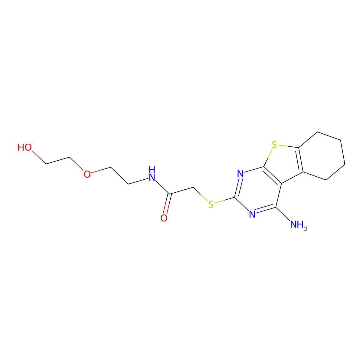 2-(4-amino(5,6,7,8-tetrahydrobenzo[b]thiopheno[2,3-d]pyrimidin-2-ylthio))-N-[2-(2-hydroxyethoxy)ethyl]acetamide molecular structure, CAS 431072-41-2