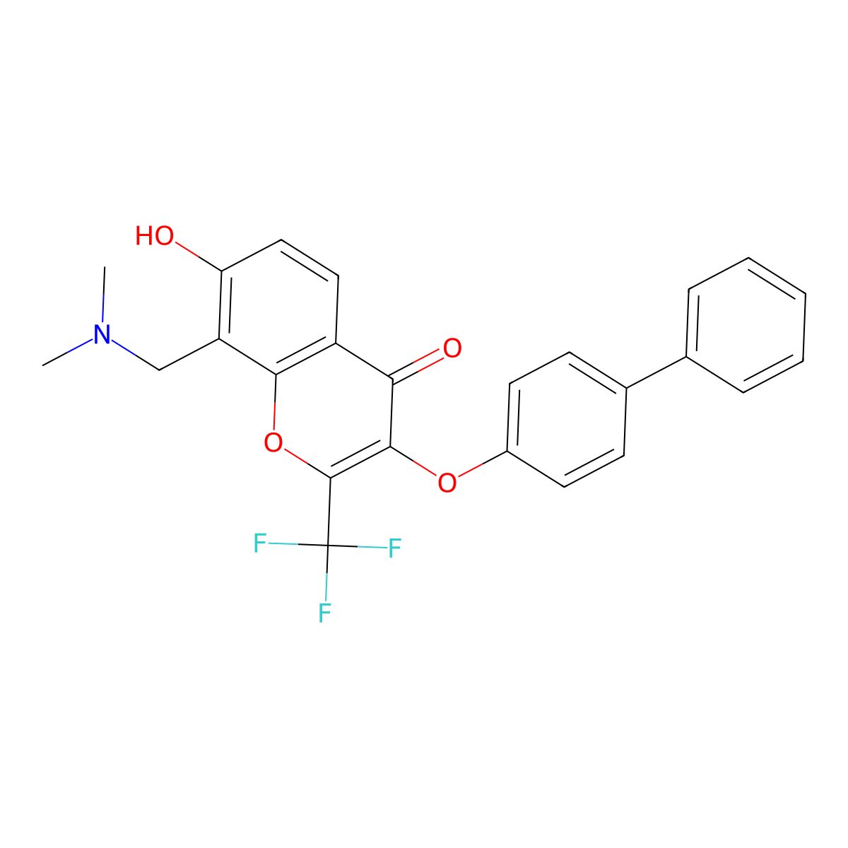 3-(biphenyl-4-yloxy)-8-[(dimethylamino)methyl]-7-hydroxy-2-(trifluoromethyl)-4H-chromen-4-one molecular structure, CAS 431073-16-4