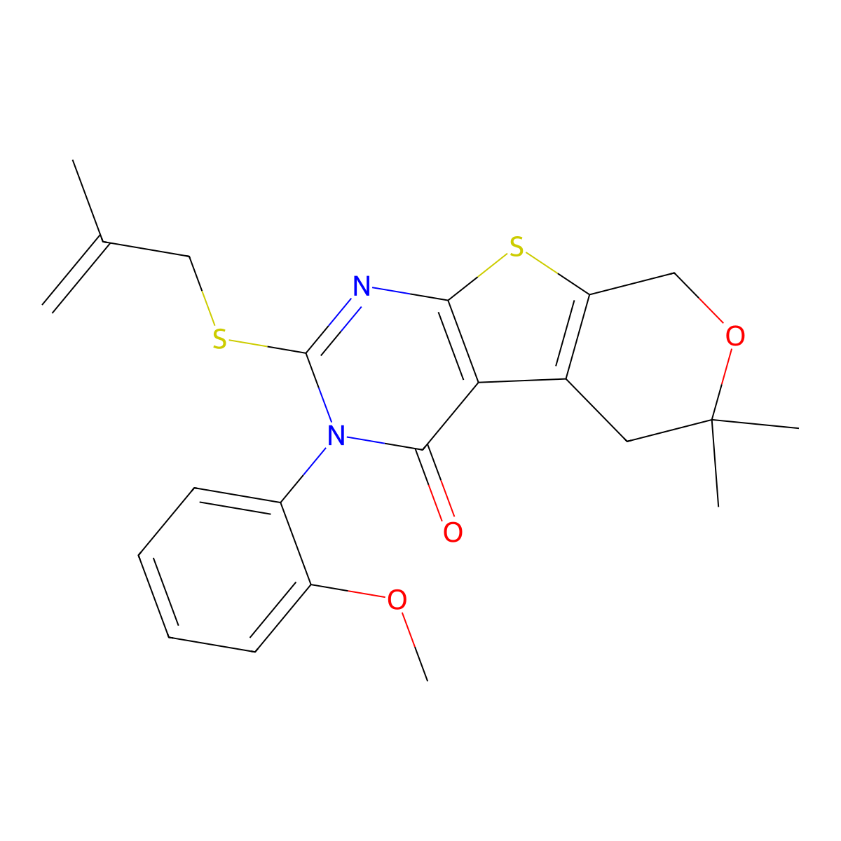 3-(2-methoxyphenyl)-6,6-dimethyl-2-[(2-methylprop-2-en-1-yl)sulfanyl]-3,5,6,8-tetrahydro-4H-pyrano[4',3':4,5]thieno[2,3-d]pyrimidin-4-one molecular structure, CAS 431073-56-2