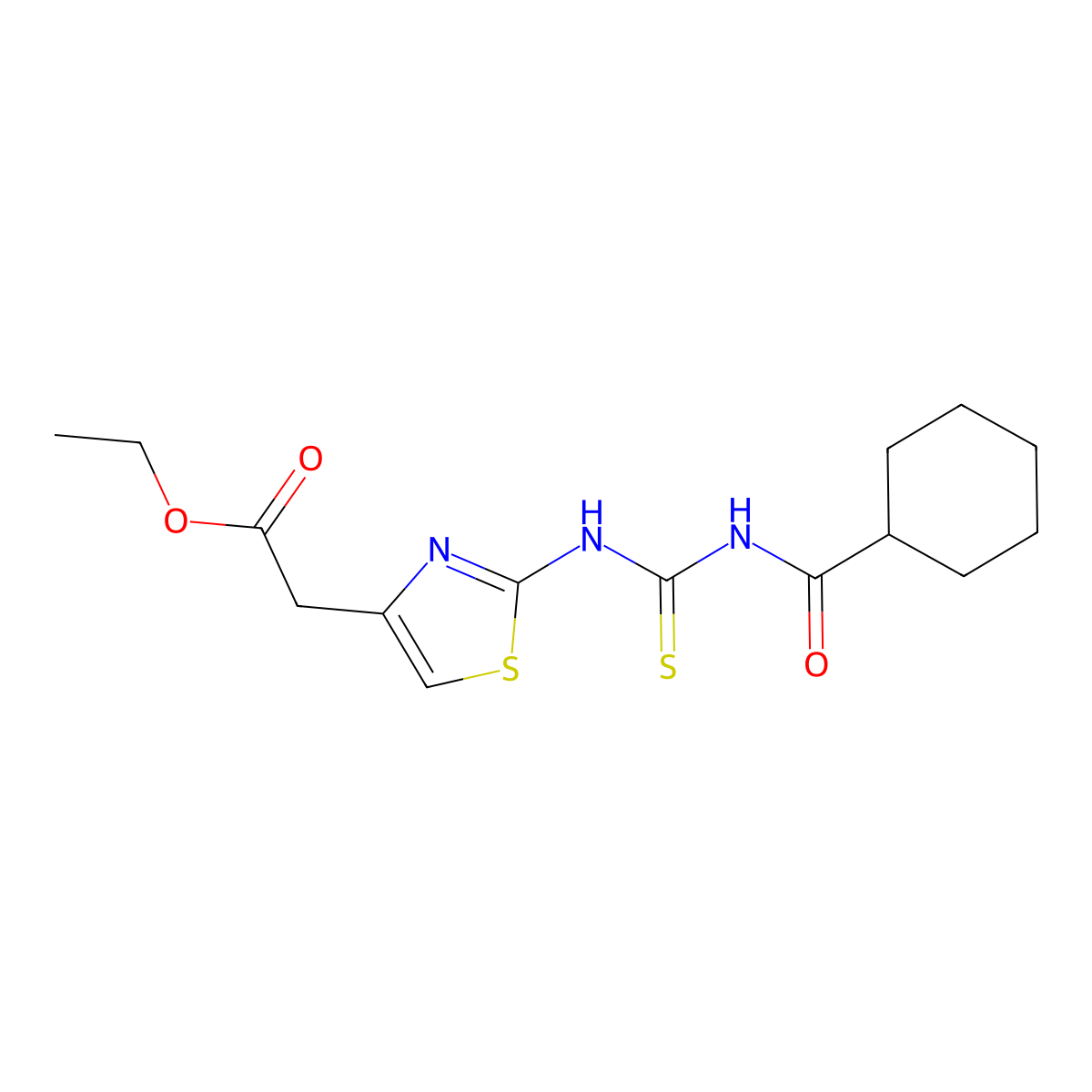 Ethyl 2-(2-(3-(cyclohexanecarbonyl)thioureido)thiazol-4-yl)acetate molecular structure, CAS 431074-22-5