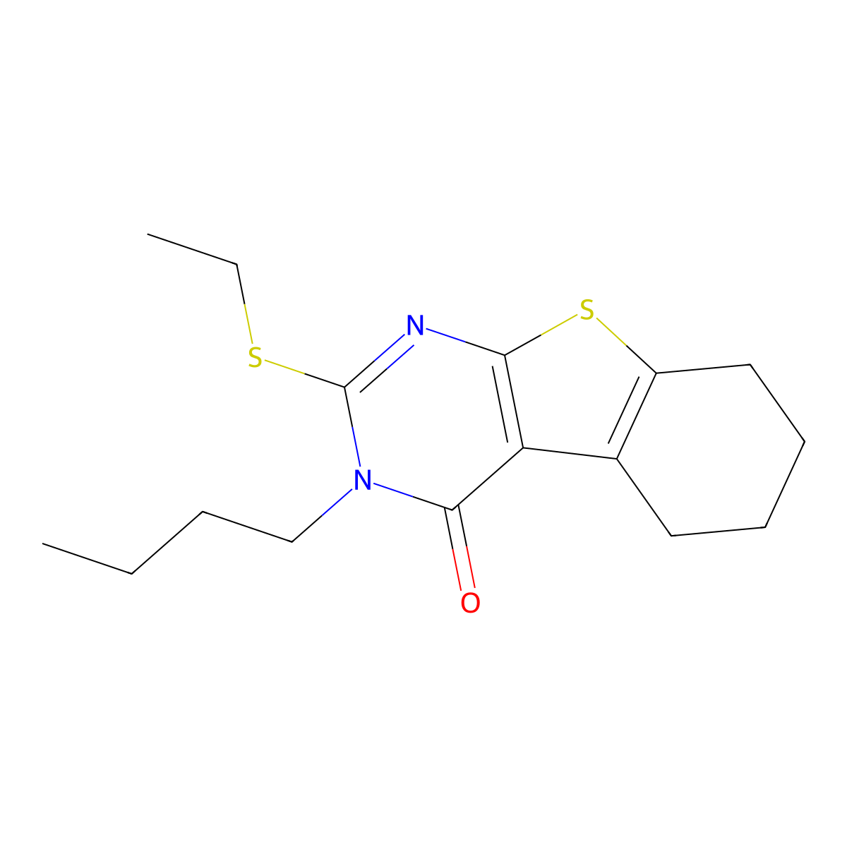 3-butyl-2-(ethylsulfanyl)-5,6,7,8-tetrahydro[1]benzothieno[2,3-d]pyrimidin-4(3H)-one molecular structure, CAS 431075-29-5