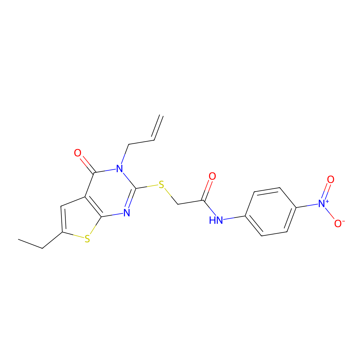 2-(6-ethyl-4-oxo-3-prop-2-enylthieno[2,3-d]pyrimidin-2-yl)sulfanyl-N-(4-nitrophenyl)acetamide molecular structure, CAS 431076-03-8